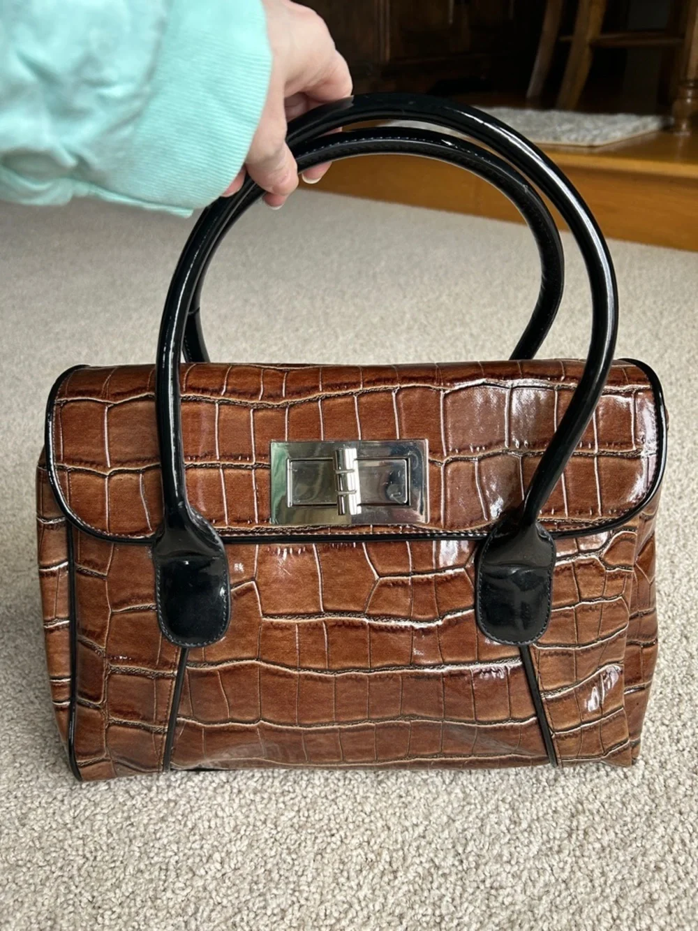 WHITE HOUSE, BLACK MARKET REPTILE, PRINT BROWN SATCHEL BAG